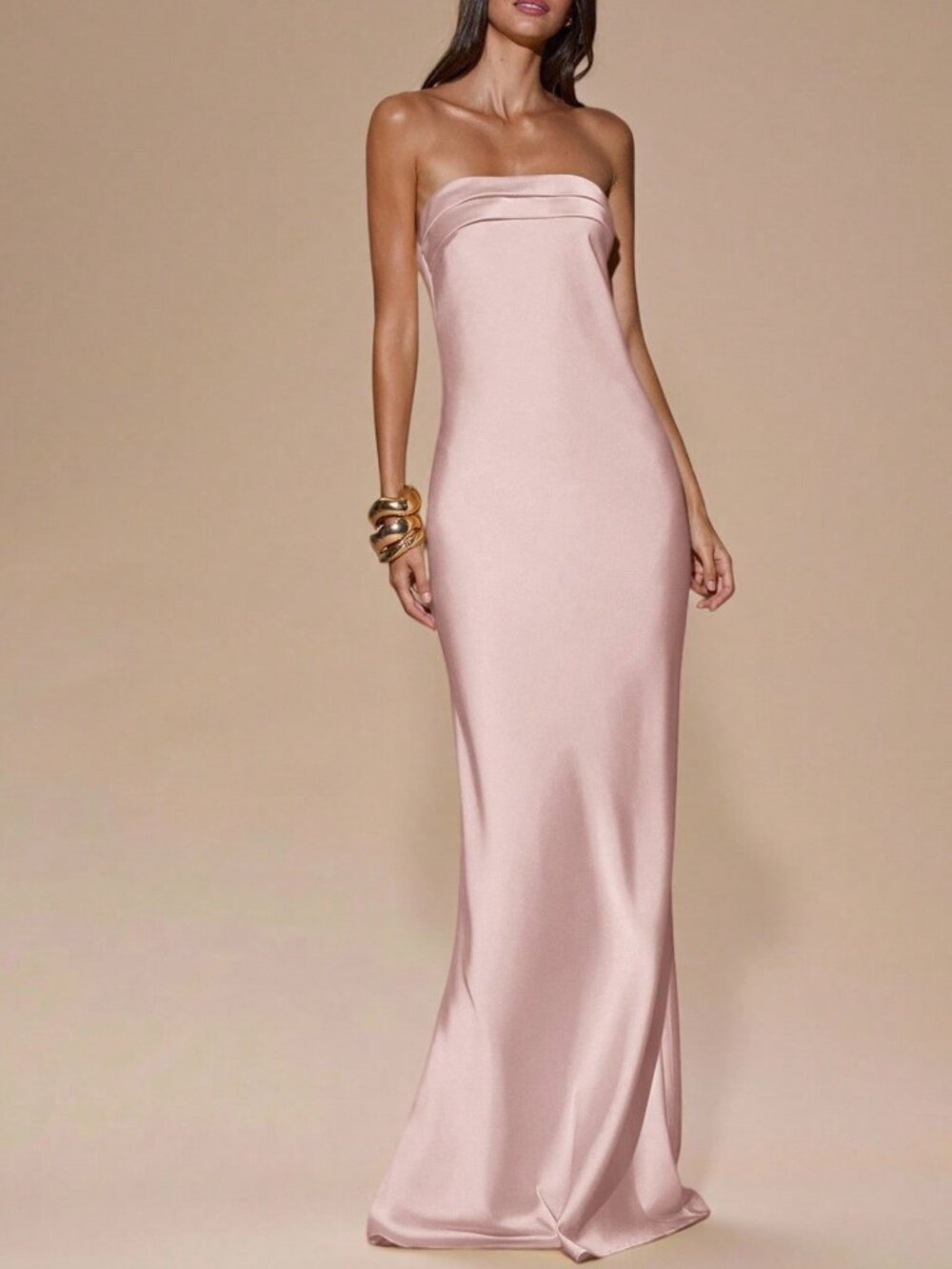 Pink Women's Minimalist Strapless Satin Dress - Picture 4 of 6